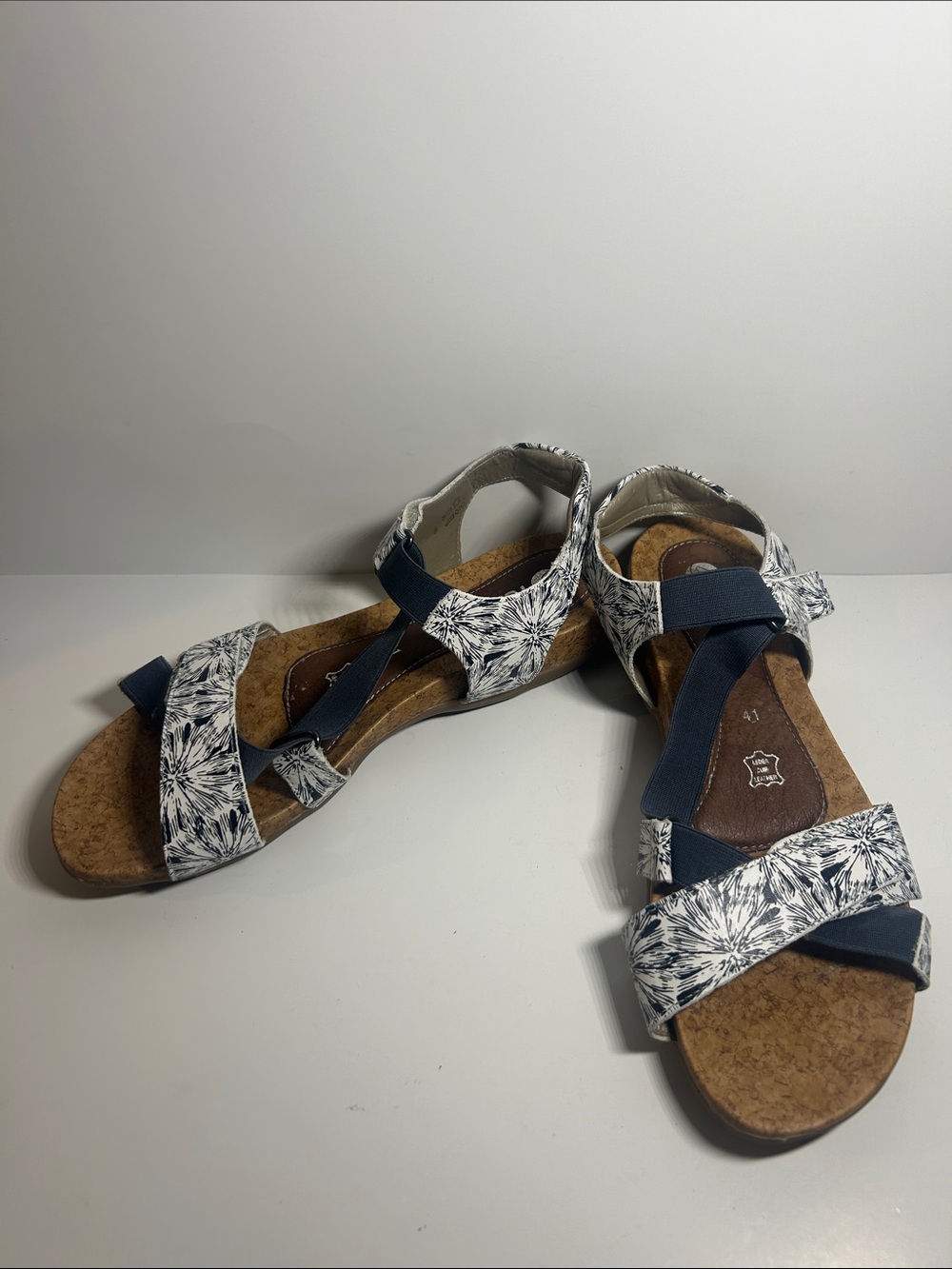 Remonte Navy & White Floral Cork-Style Strappy Sandals